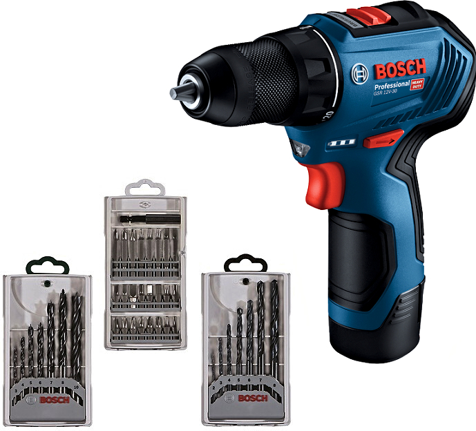 BOSCH GSR 12V-30 (2x2Ah) aku vrtačka + sada vrtáků a bitů (39 ks)