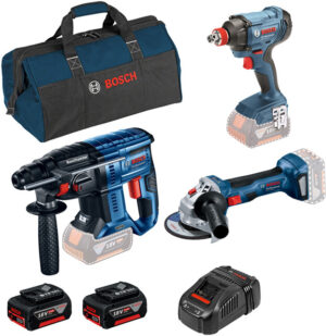 BOSCH Professional (2x5Ah) 18V 3dílná combo sada aku nářadí s montážní brašnou